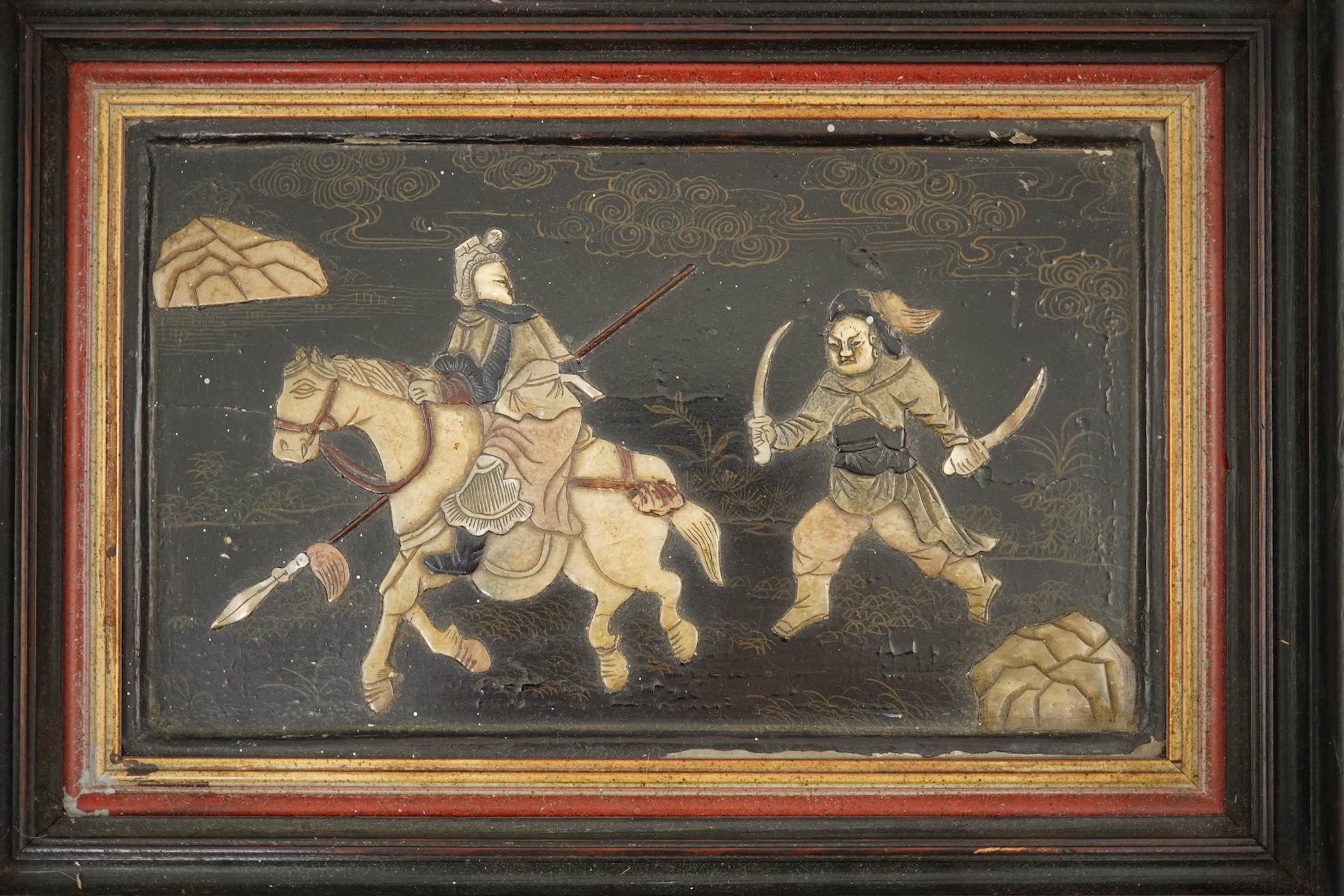 A Chinese lacquer, soapstone, mother-of-pearl and bone overlaid panel, 18th/19th century